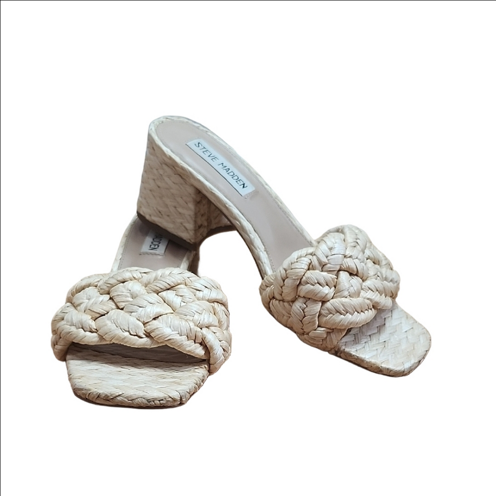 STEVE MADDEN Corak braided natural rafia upper block heel slide sandals
